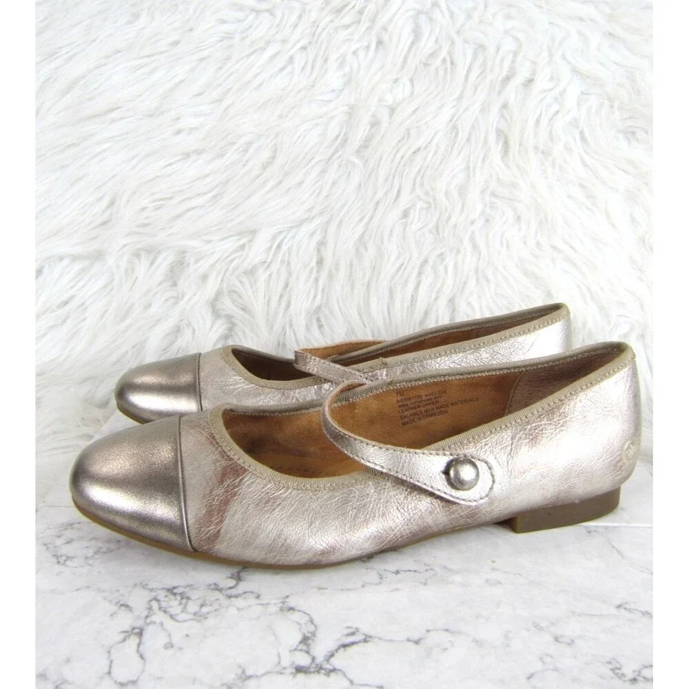BORN Batti Mary Jane Leather Flats Metallic Light Gold Bronze Combo Size 7M NWOB